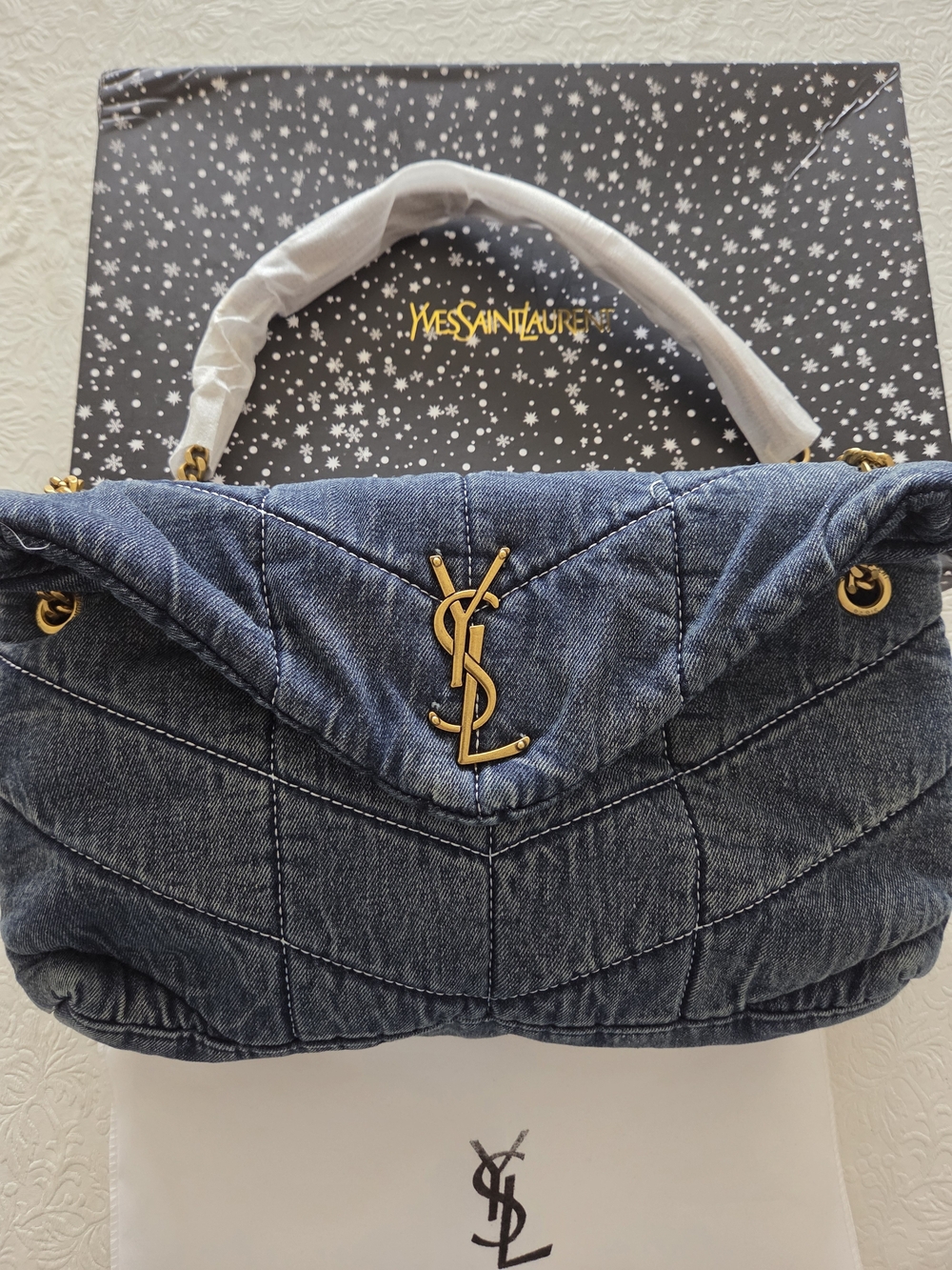 NWOT Designer Inspired  Washed Blue Denim Quilted Shoulder Bag